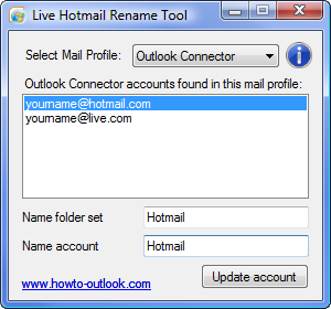 Live Hotmail Rename Tool main screen